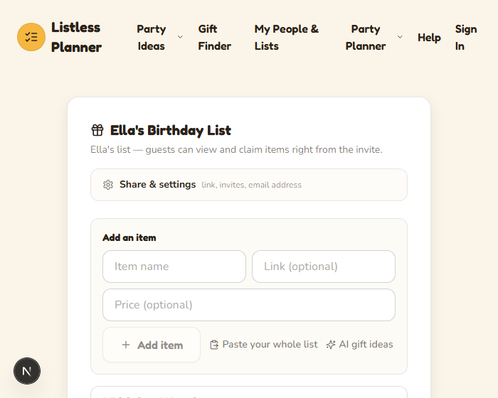 The gift list admin view, showing the item list and a collapsed Share & settings section