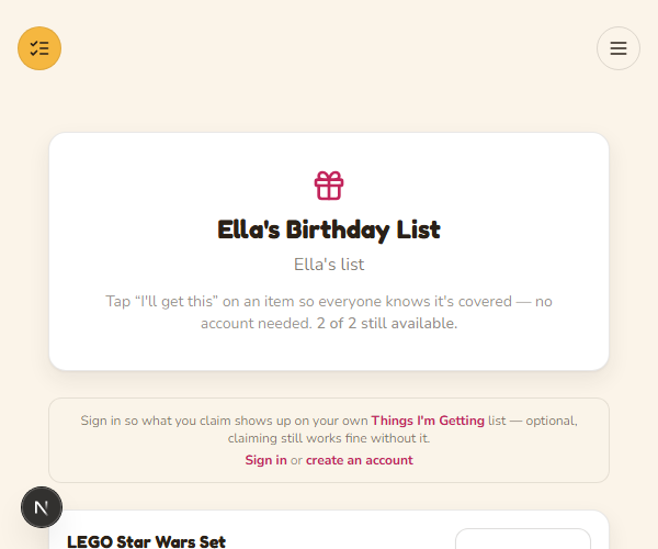 The public guest view of a gift list, with an item and an "I'll get this" button