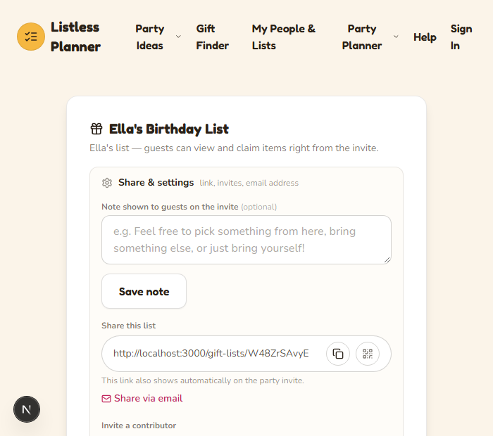 The expanded Share & settings panel, showing the shareable link, a note field, and email sharing